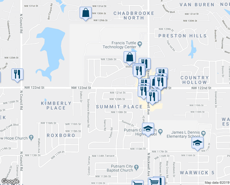 map of restaurants, bars, coffee shops, grocery stores, and more near 12199 Shasta Lane in Oklahoma City