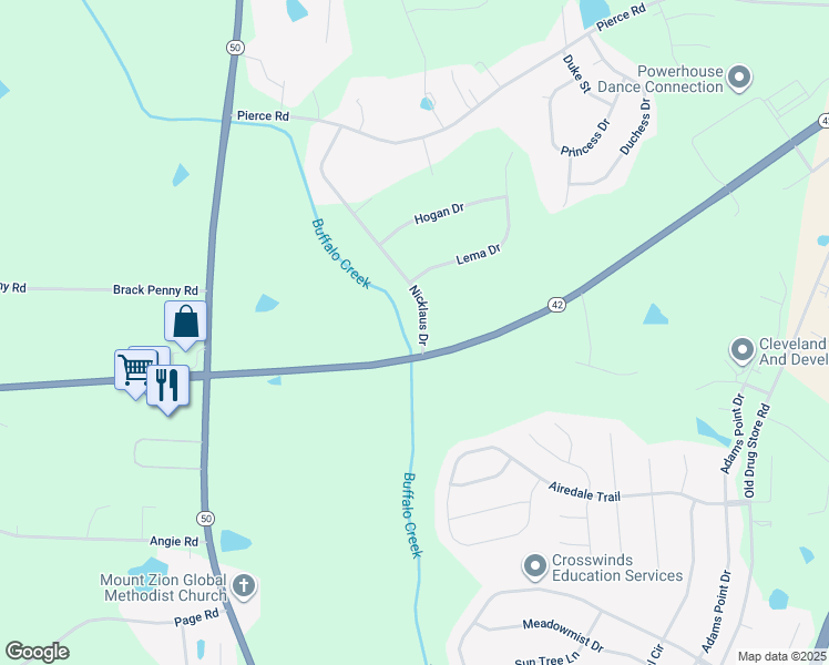 map of restaurants, bars, coffee shops, grocery stores, and more near 103 Nicklaus Drive in Garner