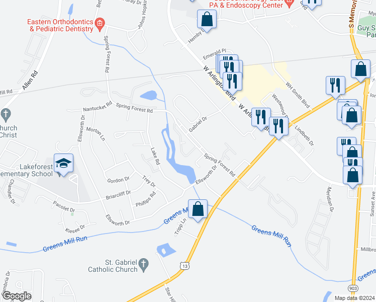 map of restaurants, bars, coffee shops, grocery stores, and more near 920 Spring Forest Road in Greenville