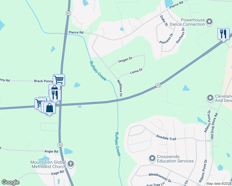 map of restaurants, bars, coffee shops, grocery stores, and more near 103 Nicklaus Drive in Garner