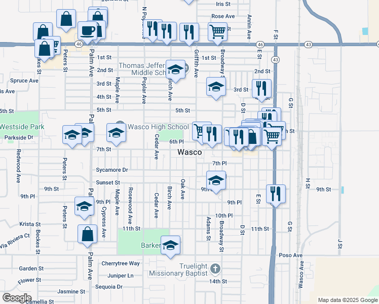 map of restaurants, bars, coffee shops, grocery stores, and more near in Wasco