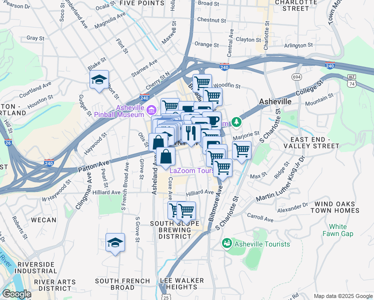 map of restaurants, bars, coffee shops, grocery stores, and more near 20 Buncombe Street in Asheville