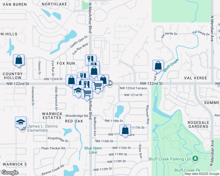 map of restaurants, bars, coffee shops, grocery stores, and more near 5600 Northwest 122nd Street in Oklahoma City