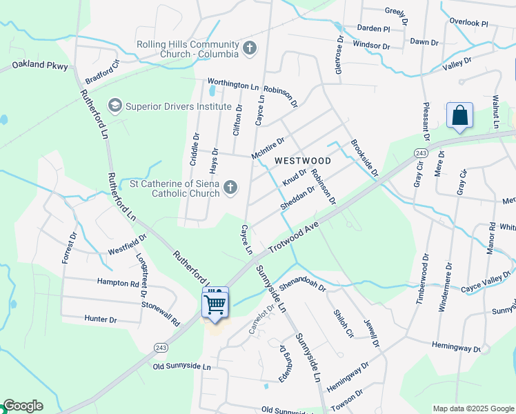 map of restaurants, bars, coffee shops, grocery stores, and more near 4023 Sheddan Drive in Columbia