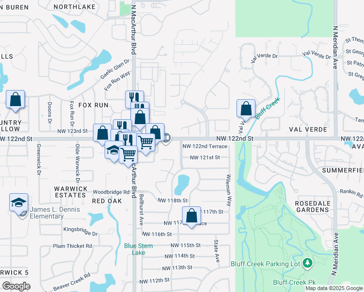 map of restaurants, bars, coffee shops, grocery stores, and more near 5600 Northwest 122nd Street in Oklahoma City