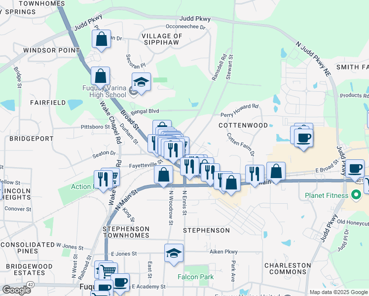 map of restaurants, bars, coffee shops, grocery stores, and more near 903 Stewart Street in Fuquay Varina