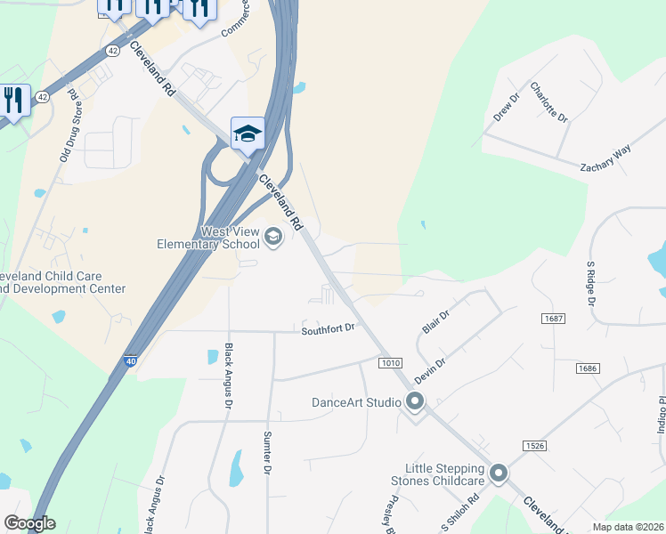 map of restaurants, bars, coffee shops, grocery stores, and more near 11636 Cleveland Road in Garner