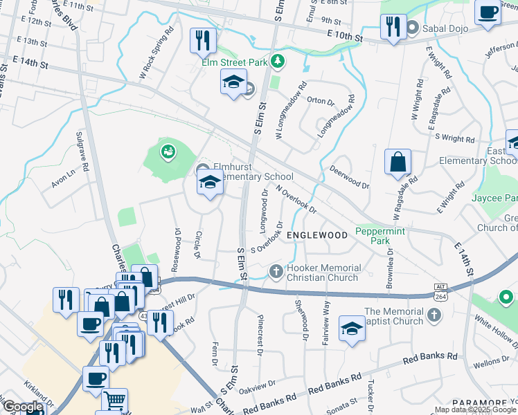 map of restaurants, bars, coffee shops, grocery stores, and more near 1616-1618 Longwood Drive in Greenville