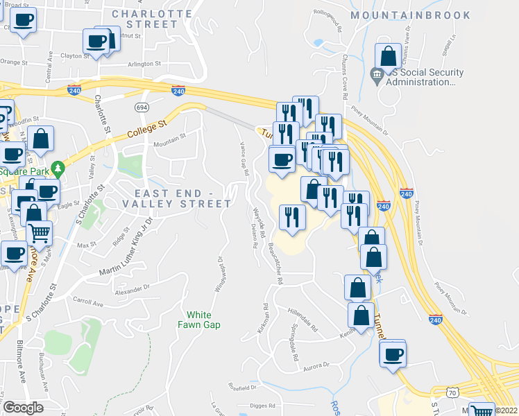 map of restaurants, bars, coffee shops, grocery stores, and more near 3 Wayside Road in Asheville