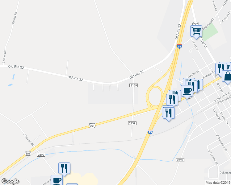 map of restaurants, bars, coffee shops, grocery stores, and more near 106 Redwood Circle in Kenly