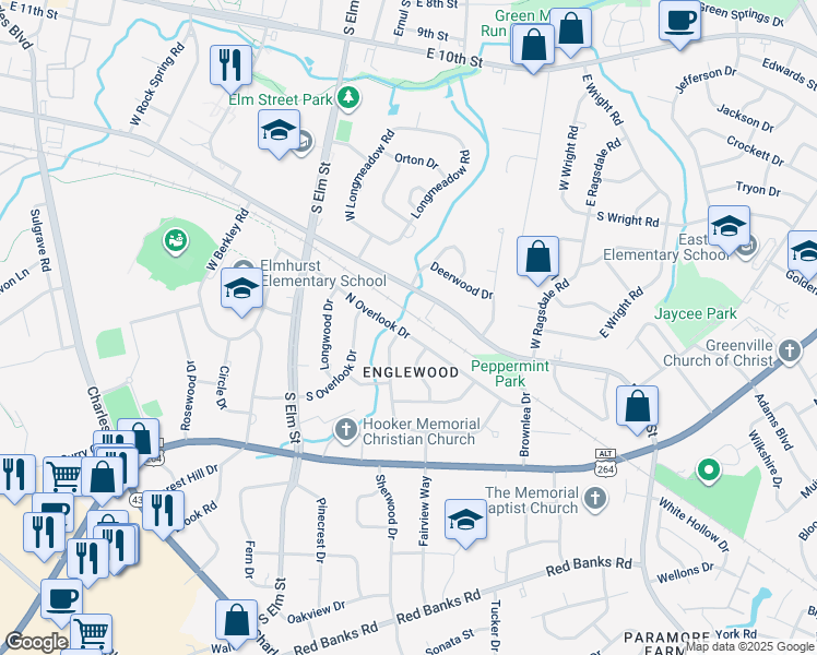 map of restaurants, bars, coffee shops, grocery stores, and more near 1301 North Overlook Drive in Greenville