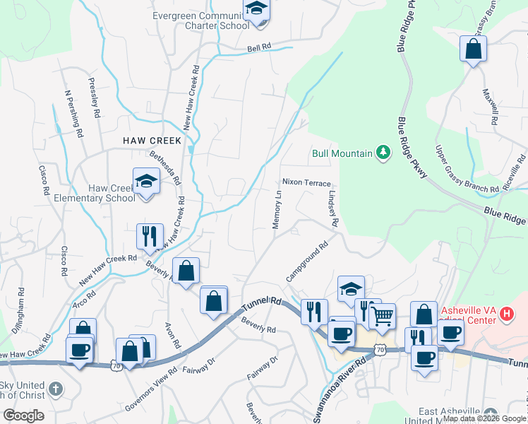map of restaurants, bars, coffee shops, grocery stores, and more near 33 Pinedale Road in Asheville