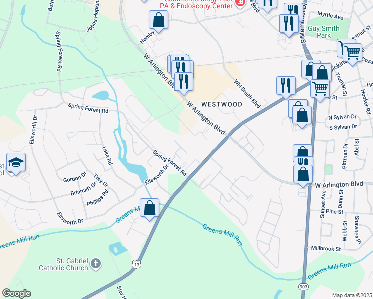 map of restaurants, bars, coffee shops, grocery stores, and more near 1095 Spring Forest Road in Greenville