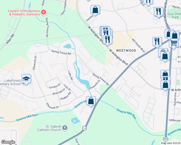 map of restaurants, bars, coffee shops, grocery stores, and more near 960 Spring Forest Road in Greenville