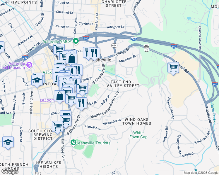 map of restaurants, bars, coffee shops, grocery stores, and more near 12 Ridge Street in Asheville