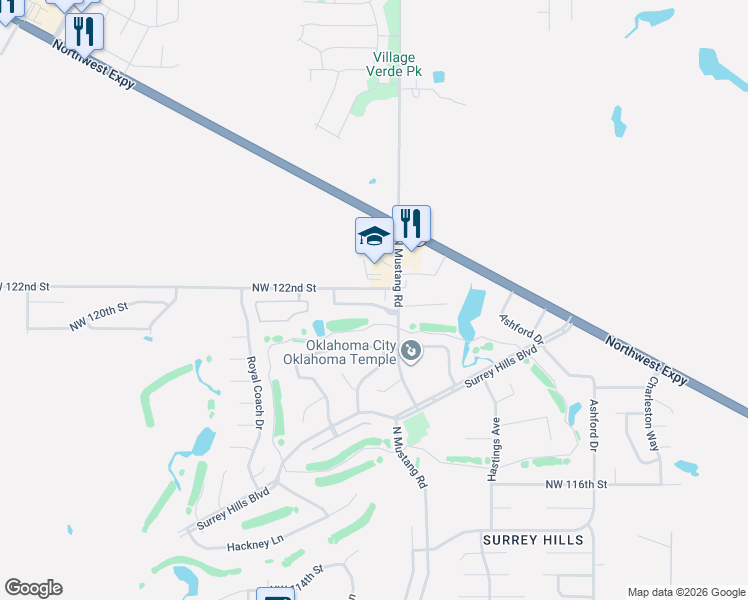 map of restaurants, bars, coffee shops, grocery stores, and more near 11406 Northwest 121st Place in Yukon