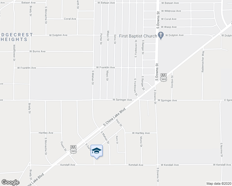 map of restaurants, bars, coffee shops, grocery stores, and more near 1624 Sims Street in Ridgecrest