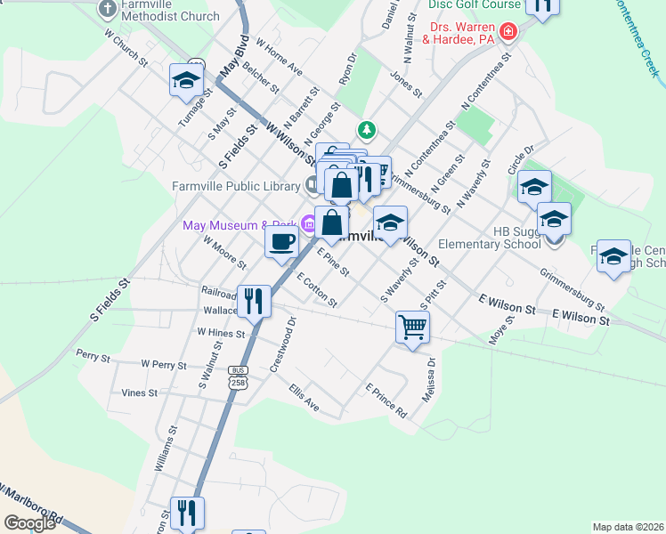 map of restaurants, bars, coffee shops, grocery stores, and more near 3458 South Green Street in Farmville