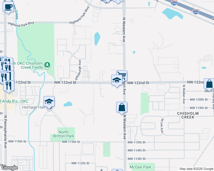 map of restaurants, bars, coffee shops, grocery stores, and more near 1208 Northwest 122nd Street in Oklahoma City