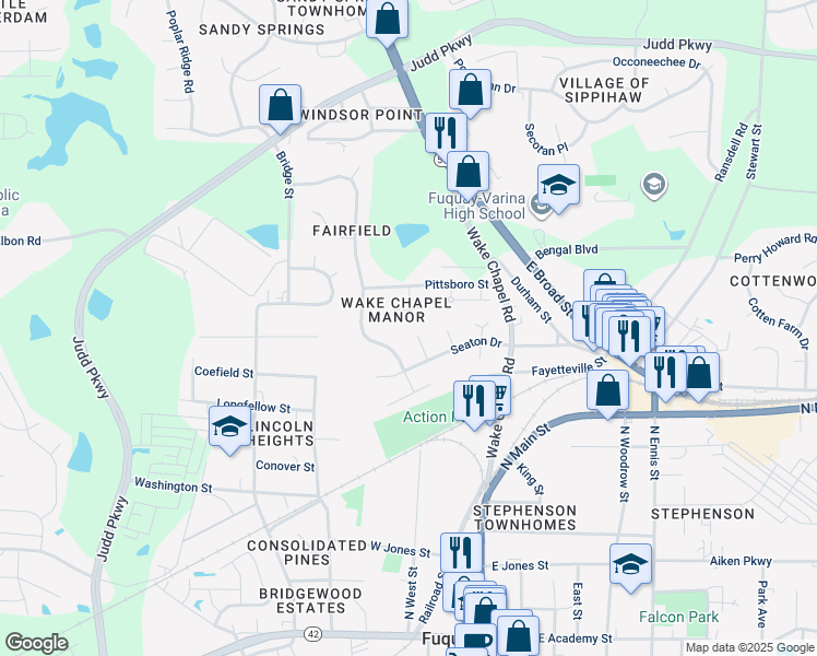 map of restaurants, bars, coffee shops, grocery stores, and more near 821 Hepplewhite Court in Fuquay Varina
