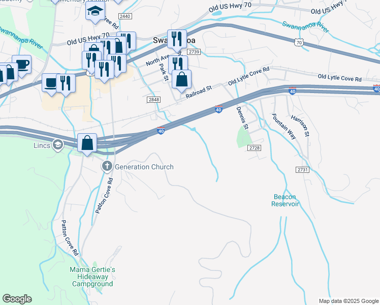 map of restaurants, bars, coffee shops, grocery stores, and more near 99999 Patton Cemetery Road in Swannanoa