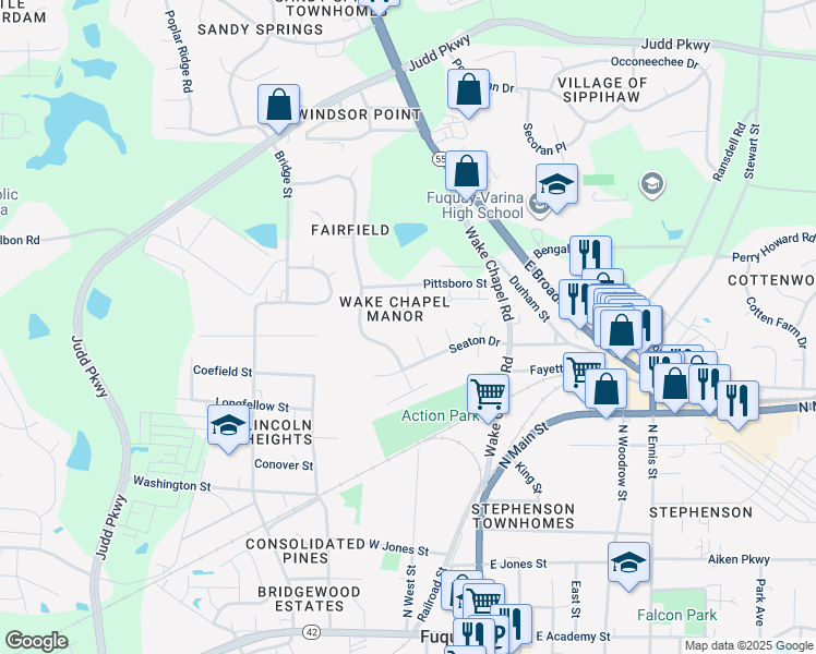map of restaurants, bars, coffee shops, grocery stores, and more near 821 Hepplewhite Court in Fuquay Varina