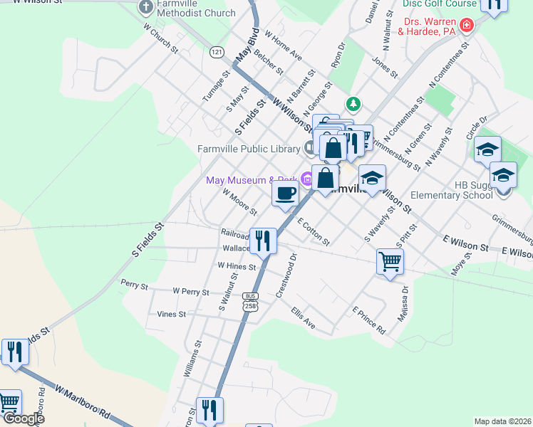 map of restaurants, bars, coffee shops, grocery stores, and more near 3628 South Walnut Street in Farmville