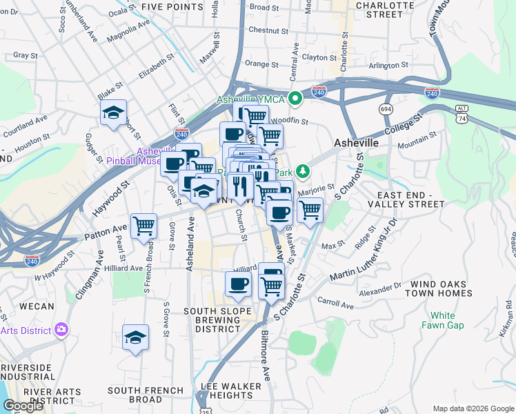 map of restaurants, bars, coffee shops, grocery stores, and more near 11 Patton Avenue in Asheville