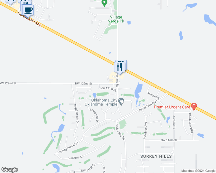 map of restaurants, bars, coffee shops, grocery stores, and more near 11413 Northwest 121st Place in Yukon