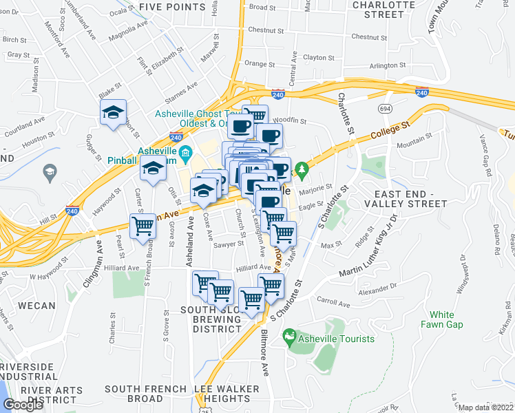 map of restaurants, bars, coffee shops, grocery stores, and more near 12 South Lexington Avenue in Asheville