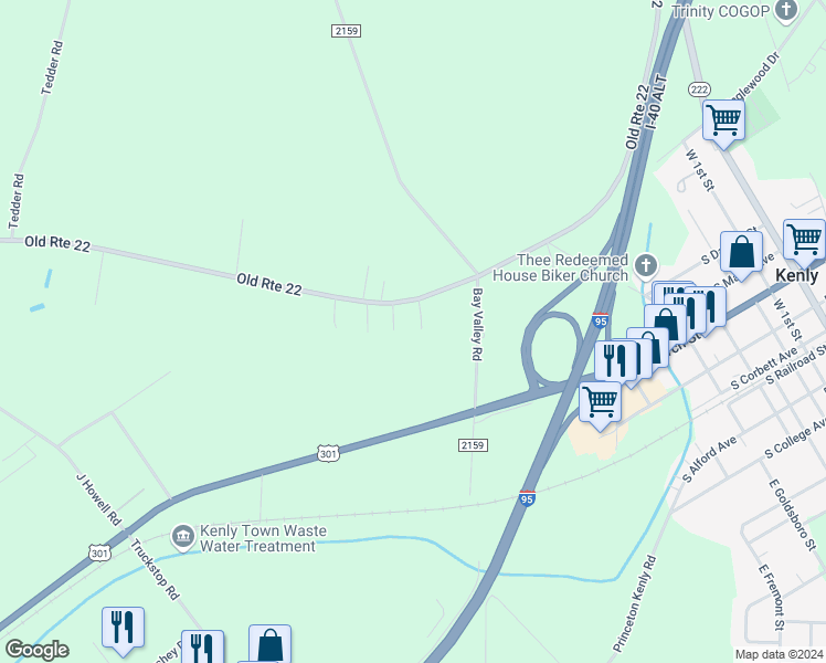 map of restaurants, bars, coffee shops, grocery stores, and more near 106 Redwood Circle in Kenly