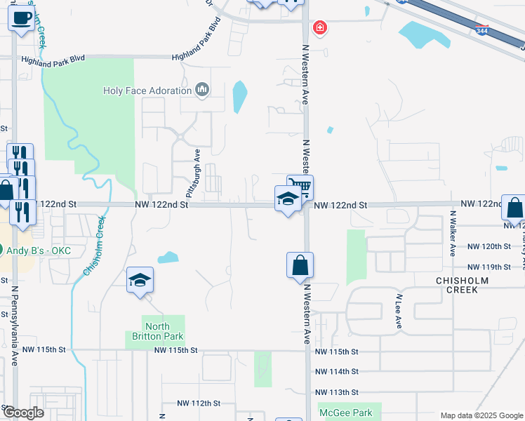 map of restaurants, bars, coffee shops, grocery stores, and more near 1208 Northwest 122nd Street in Oklahoma City