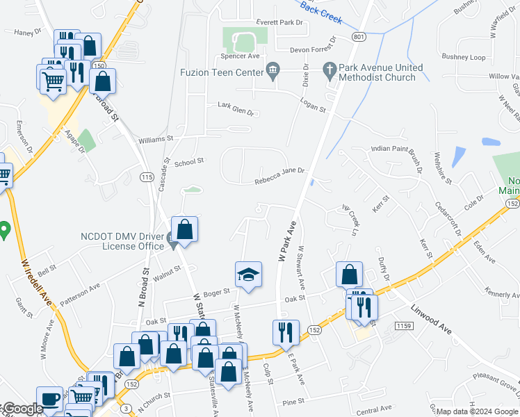 map of restaurants, bars, coffee shops, grocery stores, and more near 169 Creekridge Circle in Mooresville