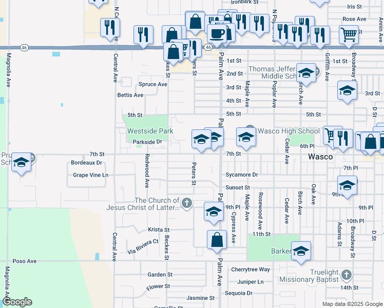 map of restaurants, bars, coffee shops, grocery stores, and more near 2334 7th Street in Wasco