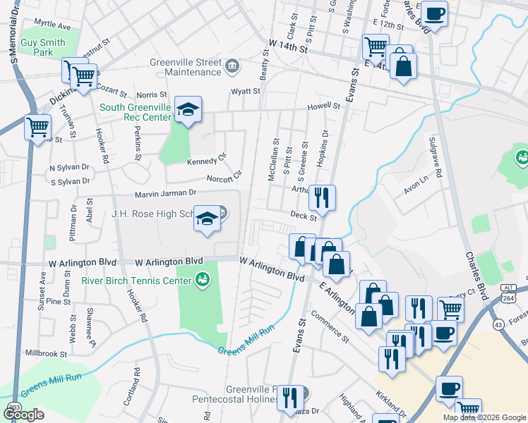 map of restaurants, bars, coffee shops, grocery stores, and more near 1909 McClellan Street in Greenville