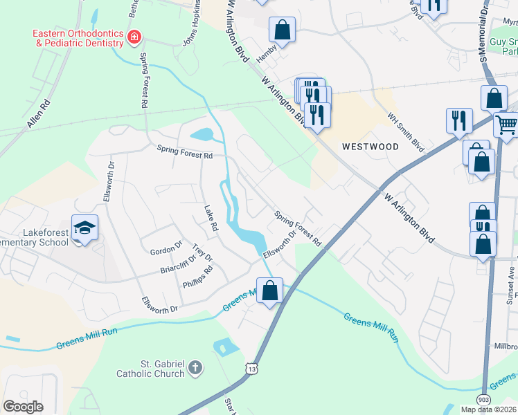 map of restaurants, bars, coffee shops, grocery stores, and more near 900 Spring Forest Road in Greenville
