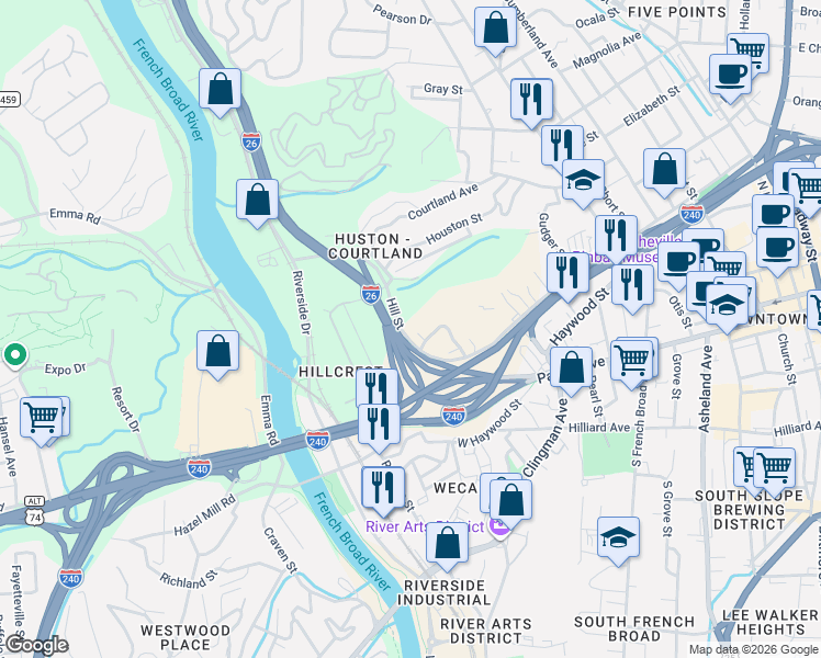 map of restaurants, bars, coffee shops, grocery stores, and more near 6 Cottage Court in Asheville