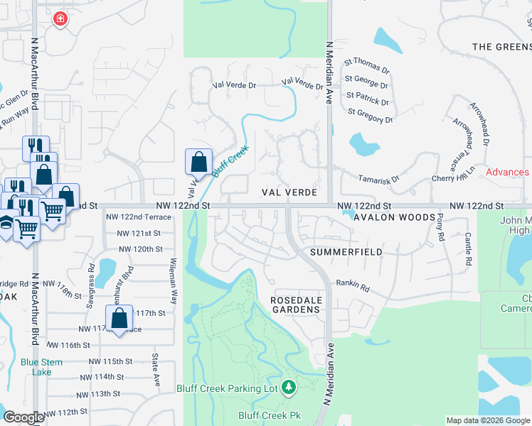map of restaurants, bars, coffee shops, grocery stores, and more near 4712 Innsbrook Lane in Oklahoma City