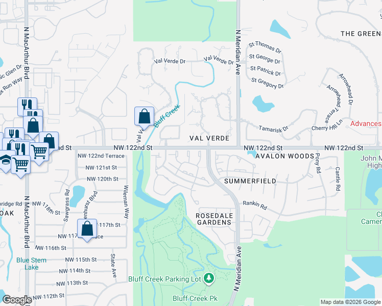 map of restaurants, bars, coffee shops, grocery stores, and more near 4712 Innsbrook Lane in Oklahoma City
