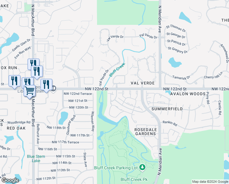 map of restaurants, bars, coffee shops, grocery stores, and more near 4812 Bocage Place in Oklahoma City