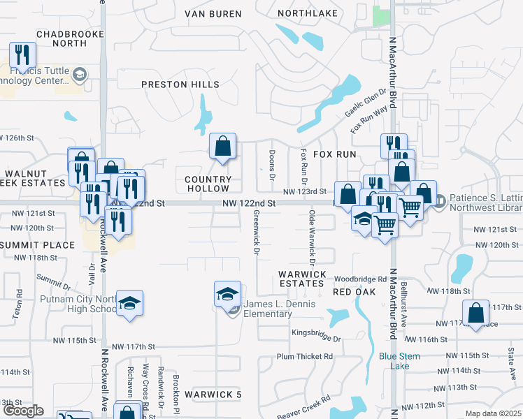 map of restaurants, bars, coffee shops, grocery stores, and more near 6524 Northwest 123rd Street in Oklahoma City