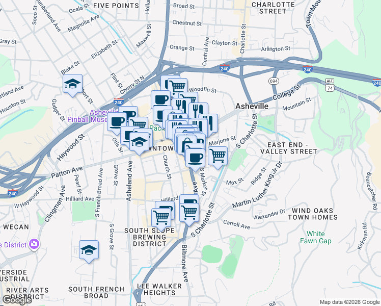 map of restaurants, bars, coffee shops, grocery stores, and more near in Asheville