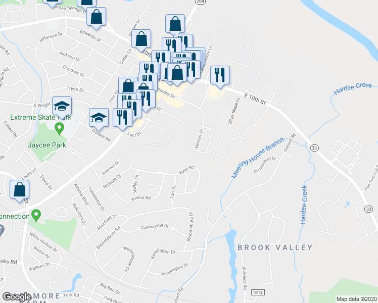 map of restaurants, bars, coffee shops, grocery stores, and more near 3246 Moseley Drive in Greenville