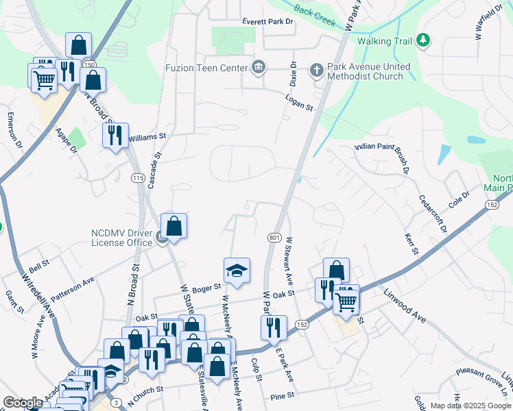 map of restaurants, bars, coffee shops, grocery stores, and more near 101 Brunswick Street in Mooresville