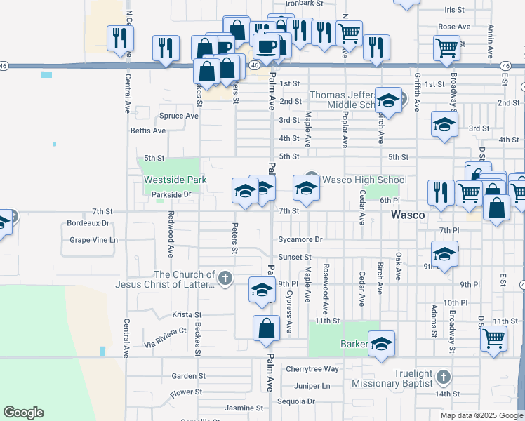 map of restaurants, bars, coffee shops, grocery stores, and more near 2150 7th Street in Wasco
