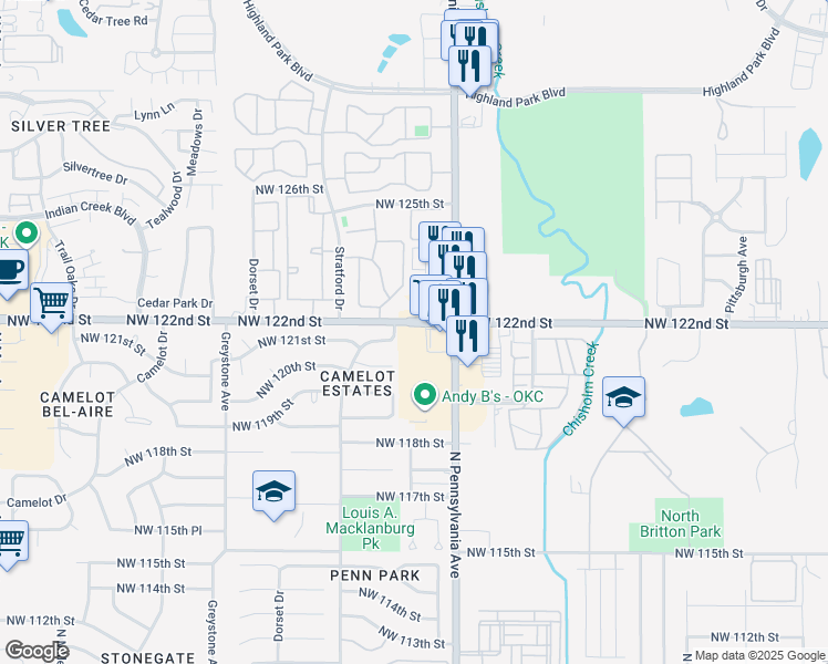 map of restaurants, bars, coffee shops, grocery stores, and more near 12219 North Pennsylvania Avenue in Oklahoma City