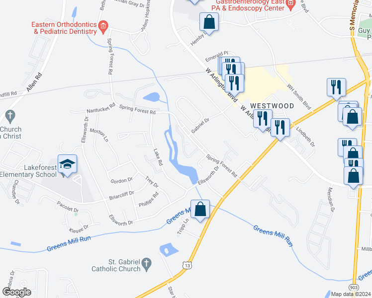 map of restaurants, bars, coffee shops, grocery stores, and more near 902 Spring Forest Road in Greenville