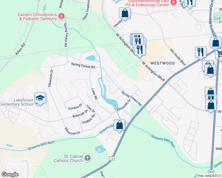 map of restaurants, bars, coffee shops, grocery stores, and more near 902 Spring Forest Road in Greenville