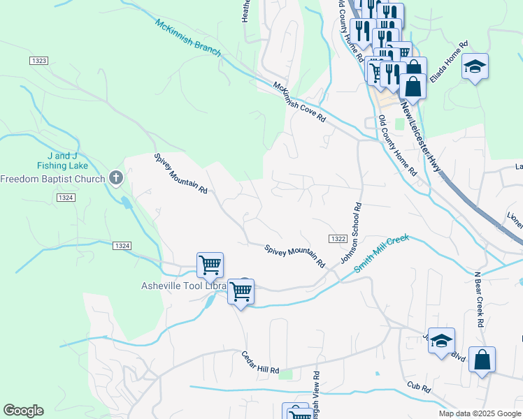map of restaurants, bars, coffee shops, grocery stores, and more near High Oaks Drive in Asheville