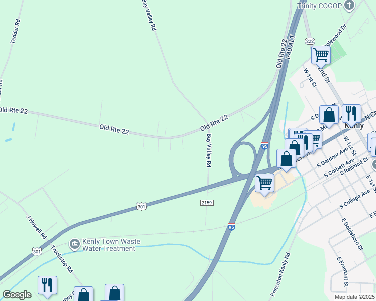 map of restaurants, bars, coffee shops, grocery stores, and more near 107 Redwood Circle in Kenly